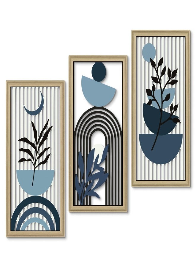 Putuo Decor Boho Abstract Wall Art, Set of 3, Modern Botanical Wooden Wall Decor, Blue Mid-Century Minimalist Framed Artwork for Living Room Bedroom, Office - Image 1